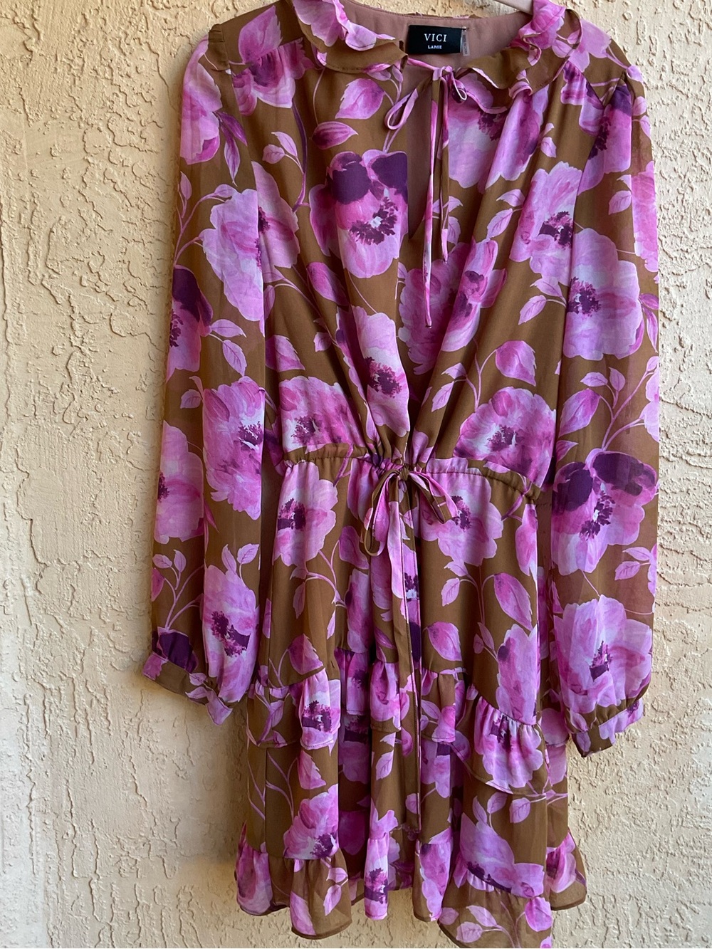 VICI‎ Charleston Waist Tie Floral Pink & Brown Mini Dress - Picture 13 of 16
